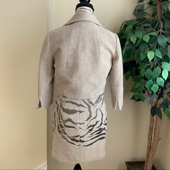 Hilton Hollis 2 Piece Wool Blend Animal Print Dress Suit Beige Green Sz 0 - Picture 10 of 16